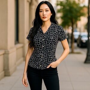 BcbgMaxazria printed diamond jersey top blouse black and white gold snap button